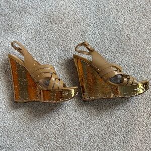 Yves Saint Laurent Tan and Gold Wedges